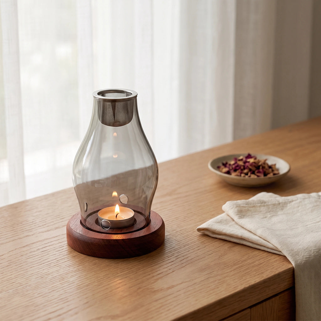 Brûle-parfum en verre fumé dans un rituel à la maison