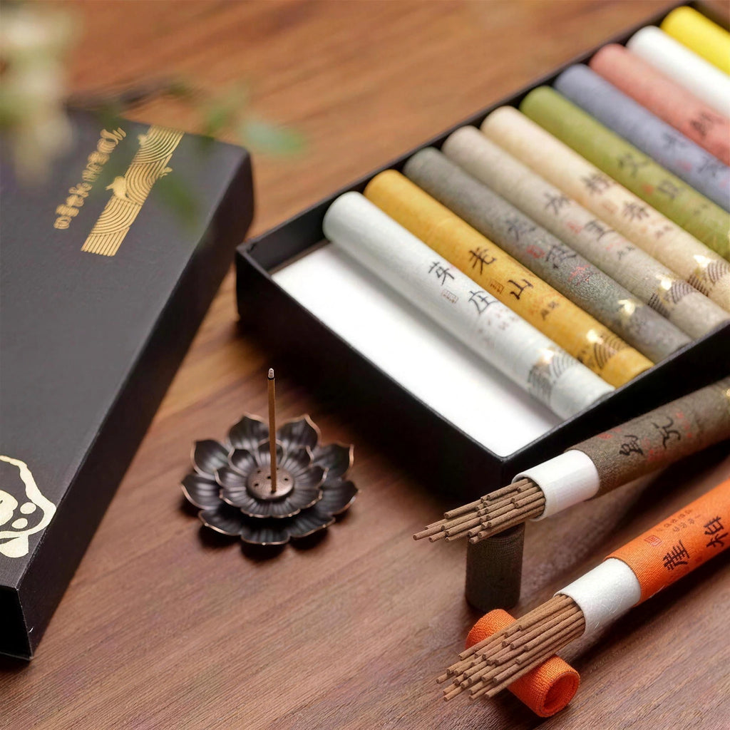 Coffret d’encens chinois avec porte-encens en fleur de lotus