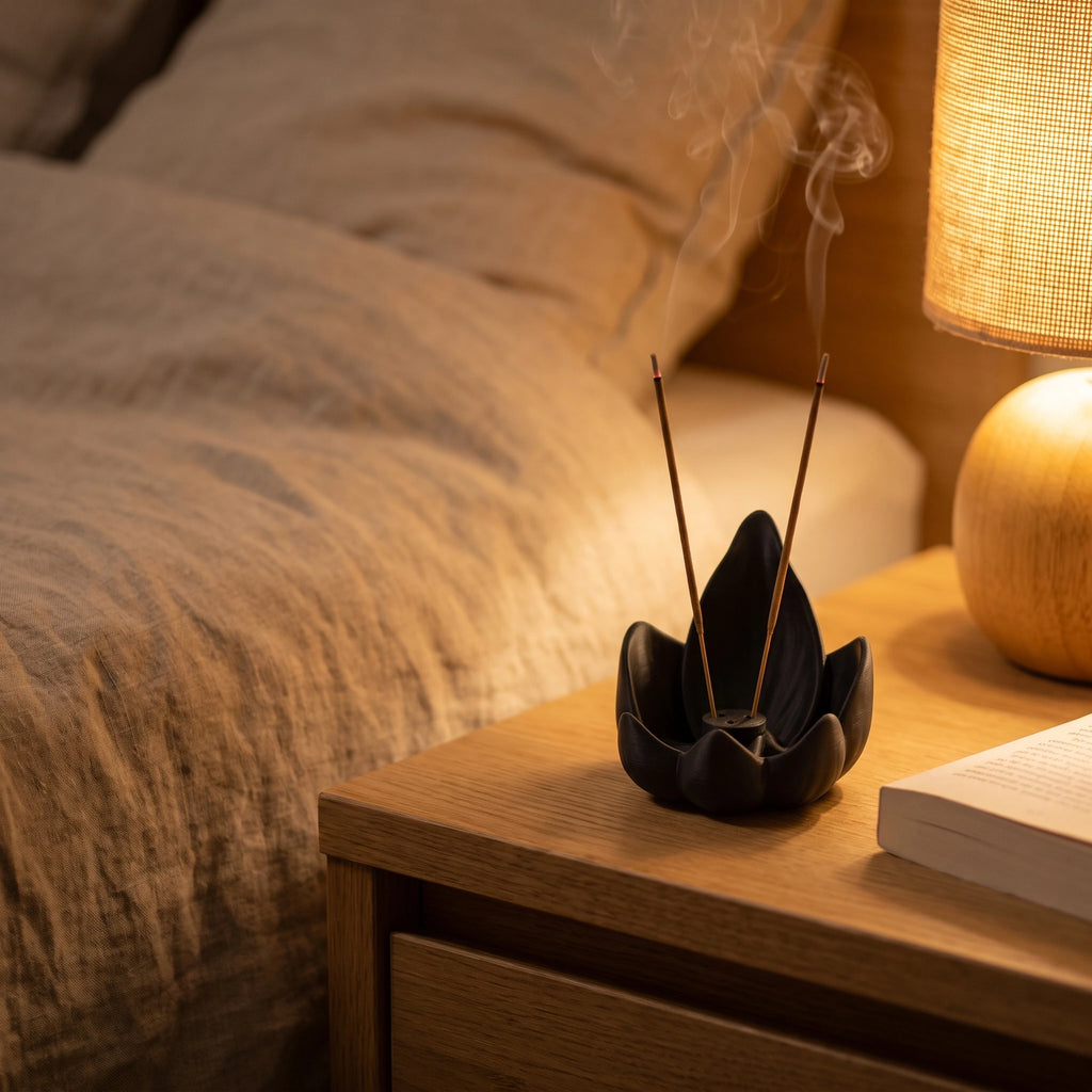 Porte-encens Lotus Noir sur une table de chevet