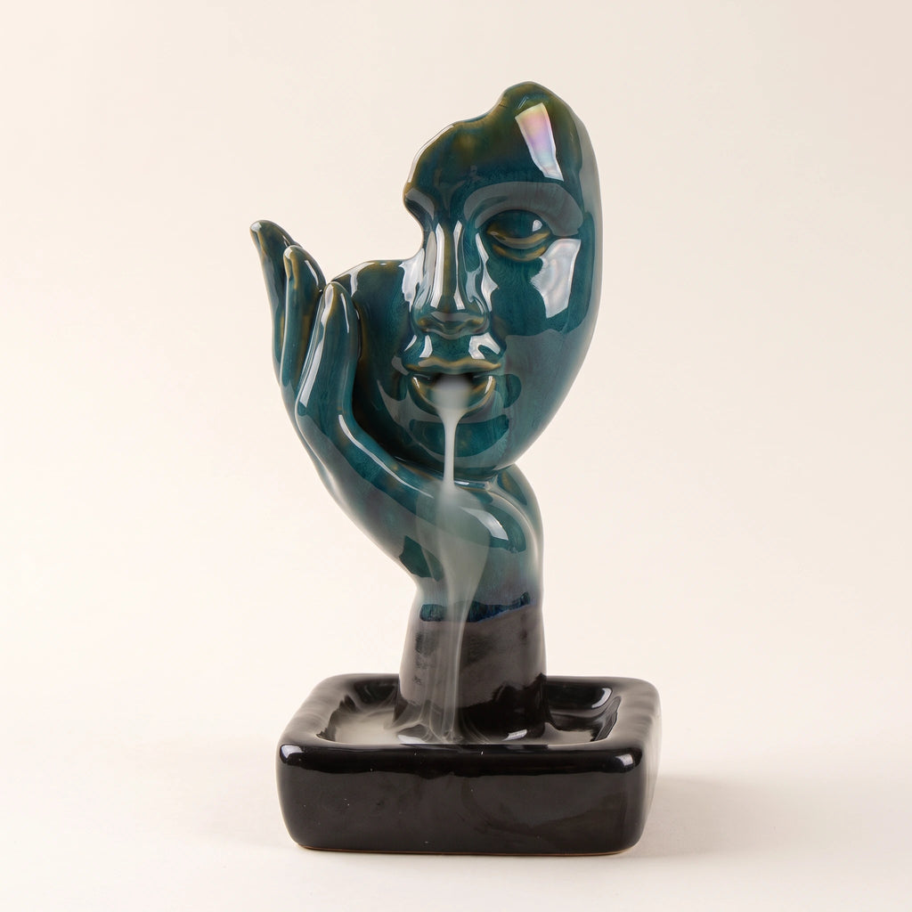 Brûle-encens à reflux Visage & Main en céramique émaillée bleu-vert