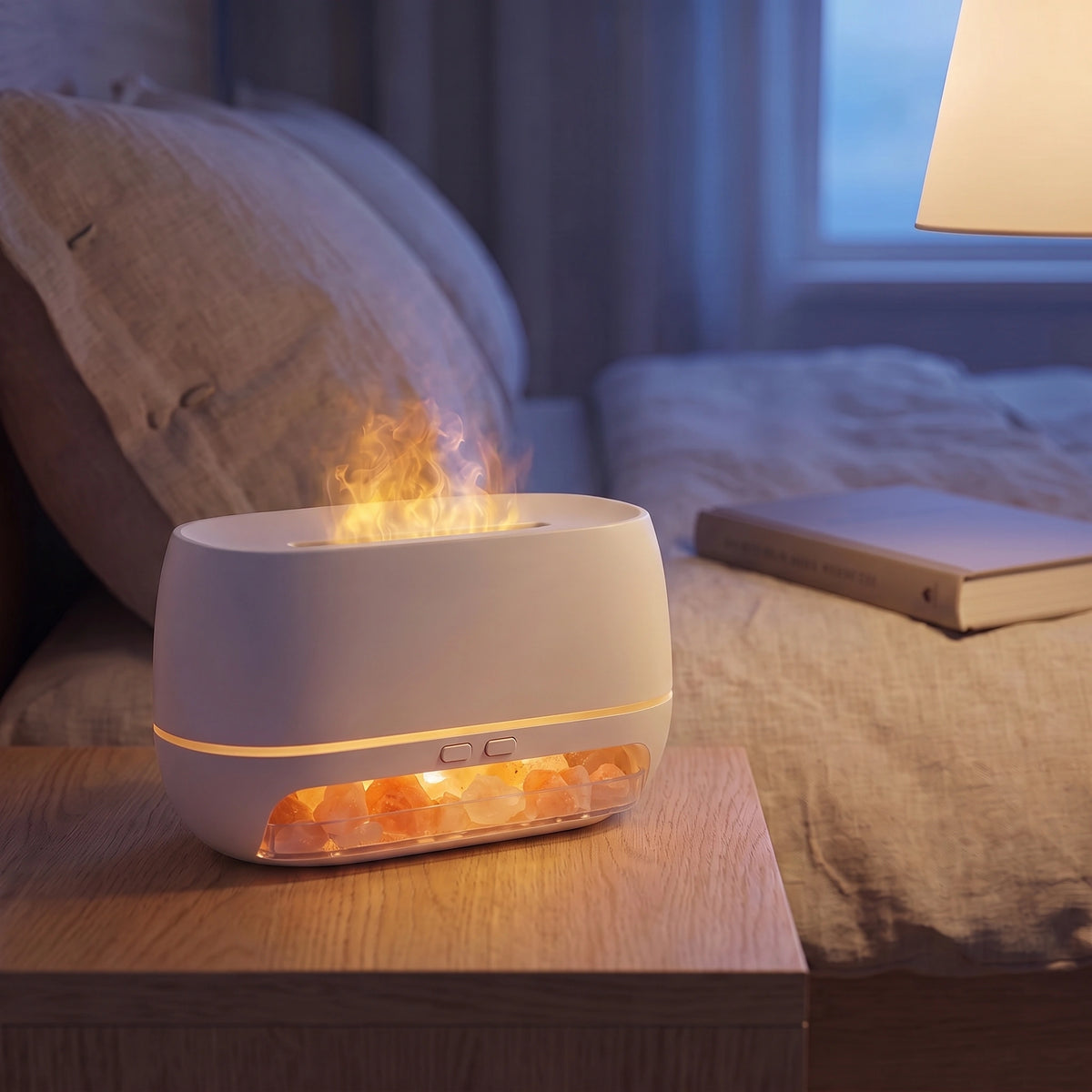 Diffuseur Blanc à effet flamme sur un chevet