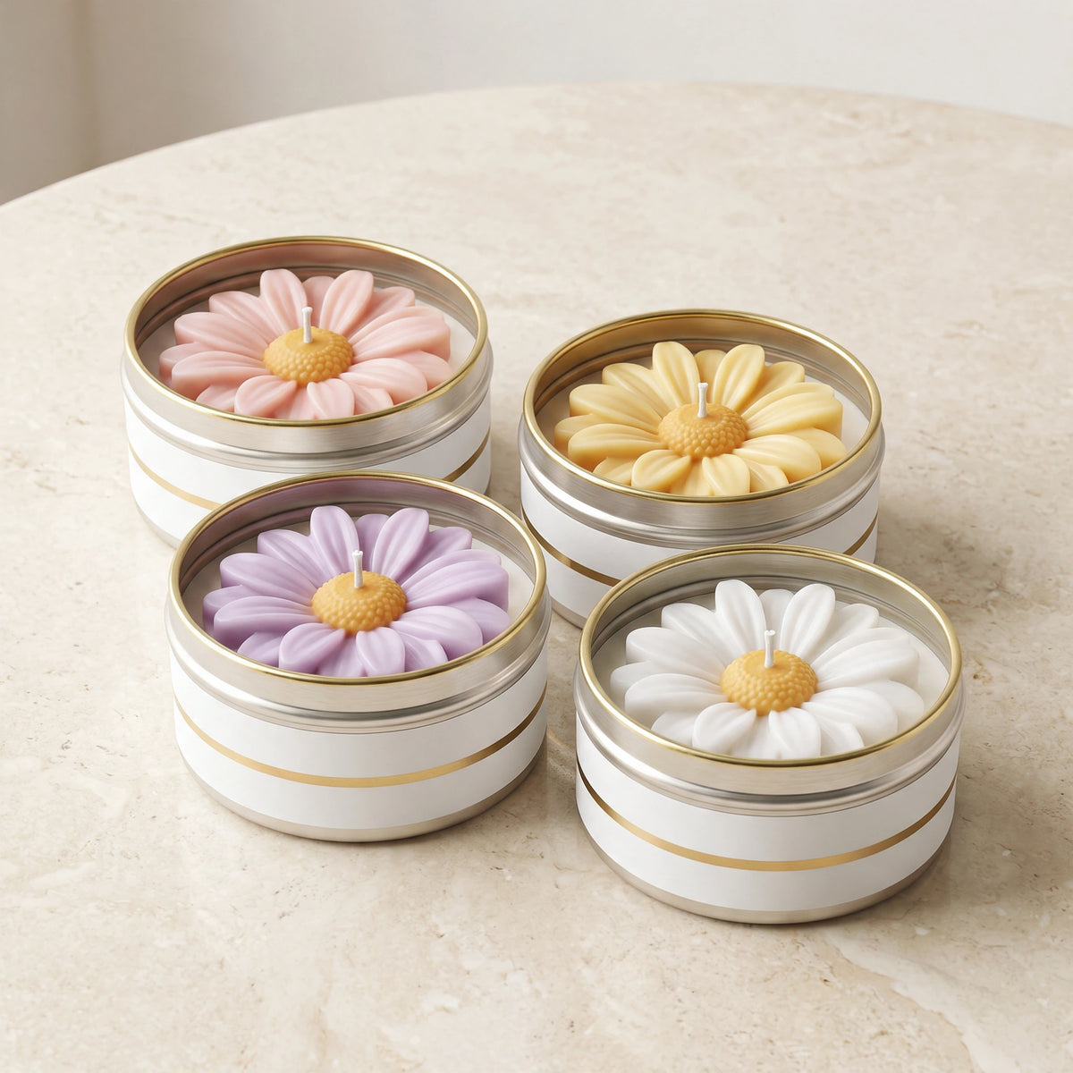 Collection de quatre bougies mini marguerite : Rose, Jaune, Lavande et Blanc