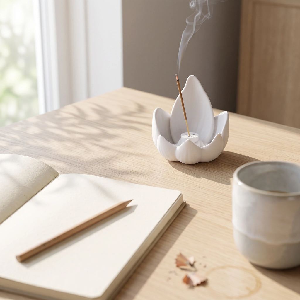 Porte-encens Lotus Blanc sur un bureau lumineux