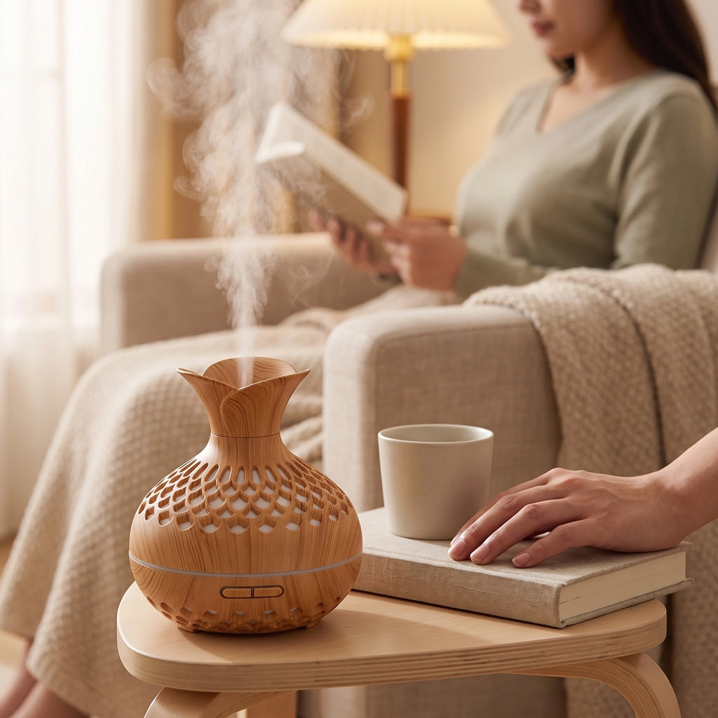 Humidificateur Fleur USB 300 ml à LED – Bois & Noir