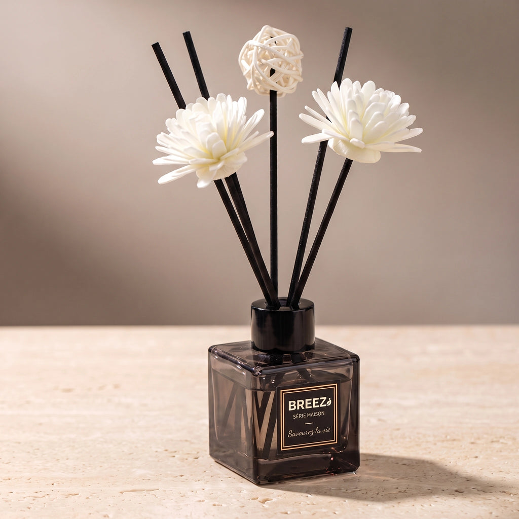 Détail du flacon carré du diffuseur à tiges floral Breez