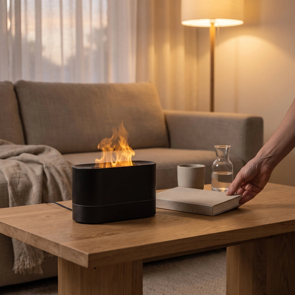 Diffuseur d’ambiance à effet flamme dans un salon