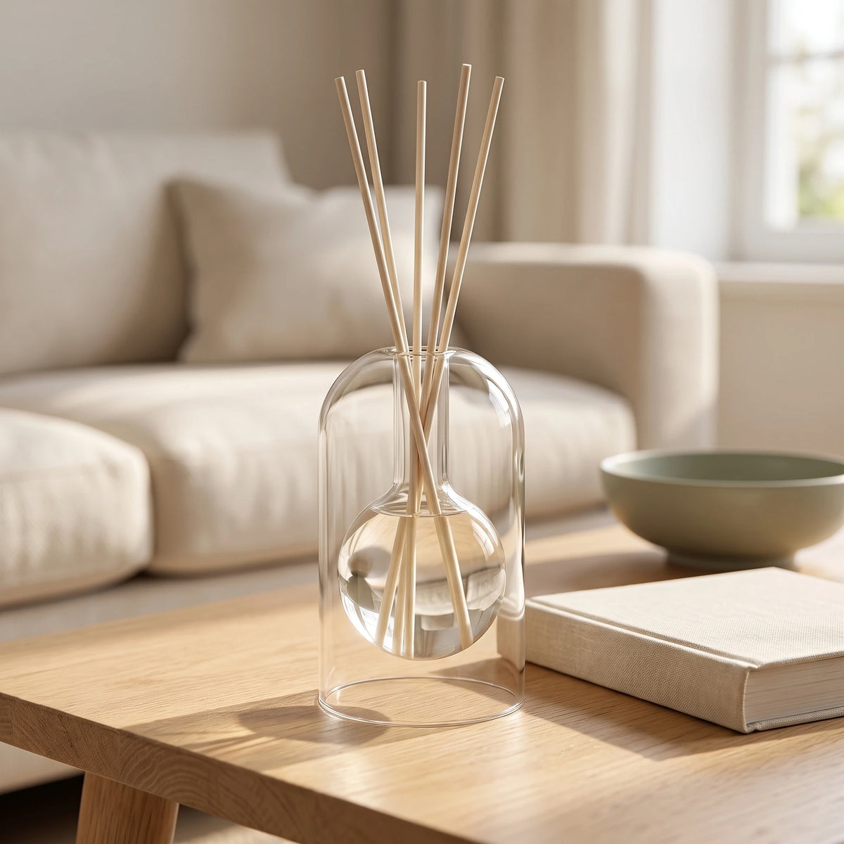 Diffuseur à tiges Sélène en verre transparent dans un séjour lumineux