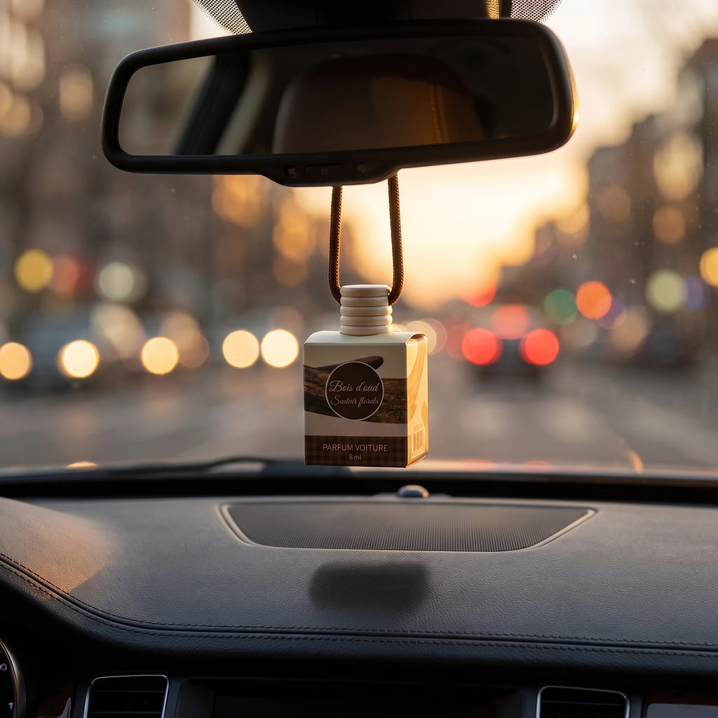 Parfum voiture suspendu Bois d’oud dans une voiture au coucher du soleil