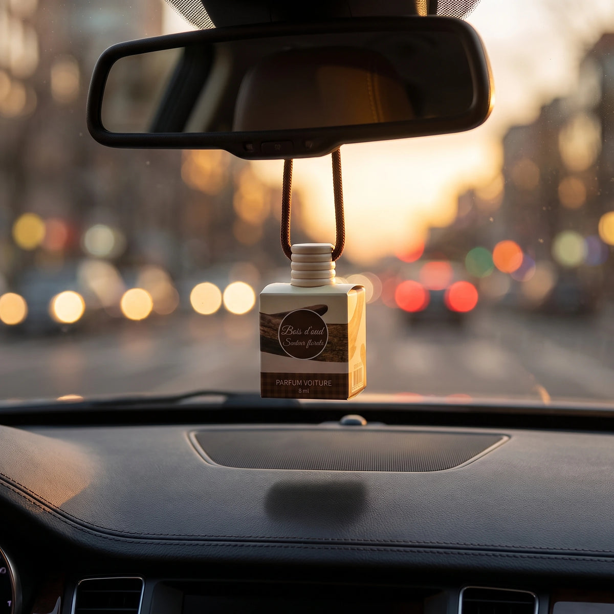 Parfum voiture suspendu Bois d’oud dans une voiture au coucher du soleil