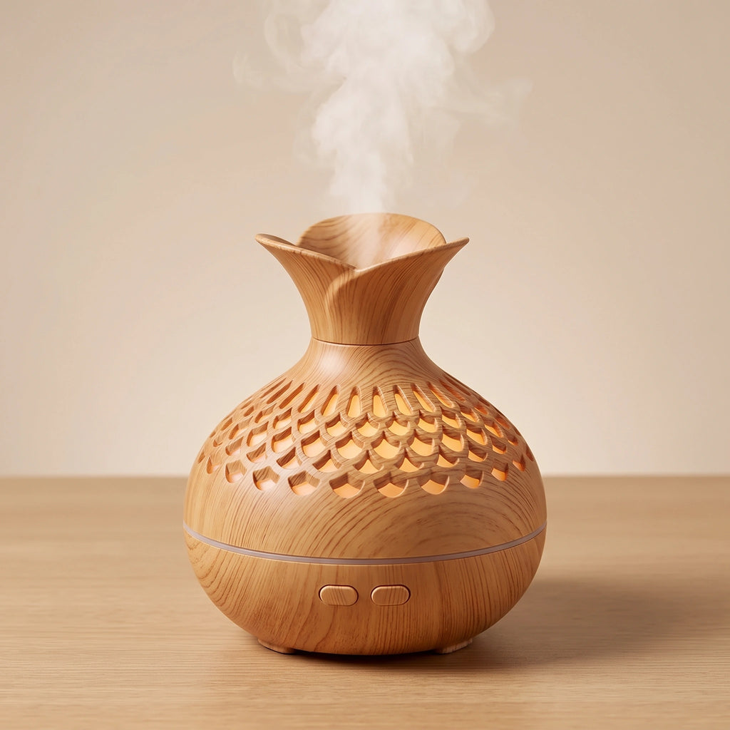 Humidificateur Fleur USB 300 ml à LED – Bois & Noir