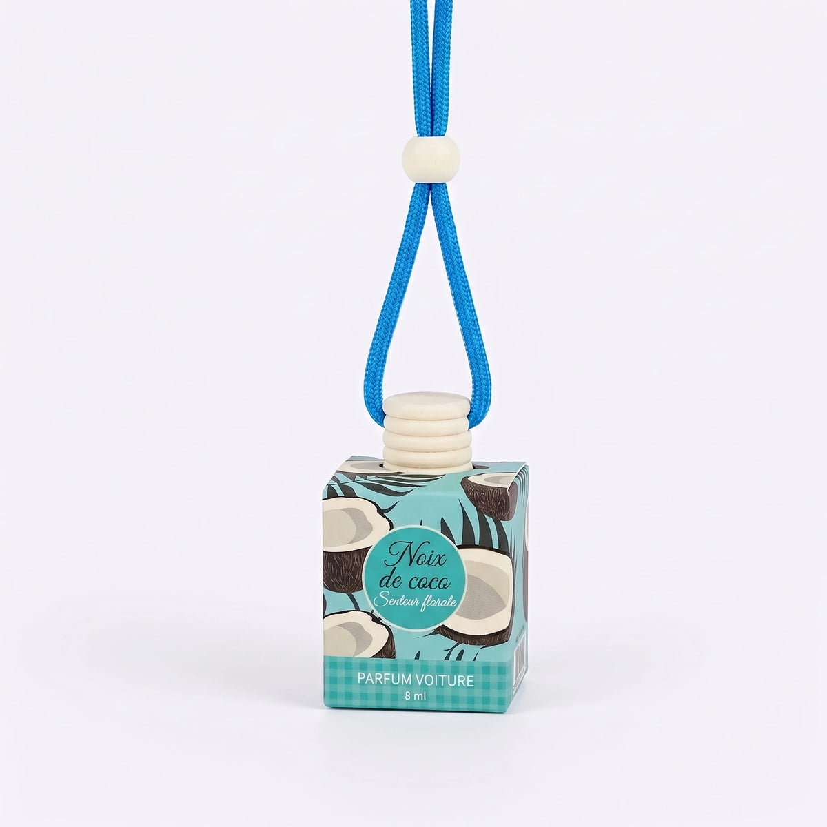Packshot blanc du parfum voiture suspendu Noix de coco