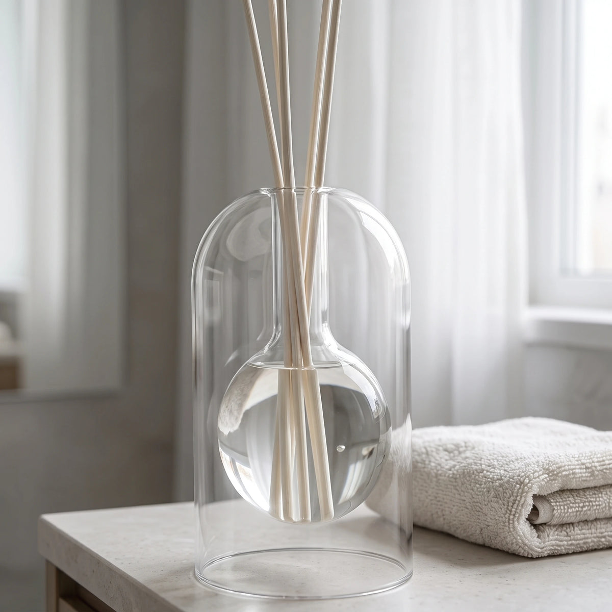 Diffuseur à tiges Sélène en verre transparent sur une tablette de salle de bain