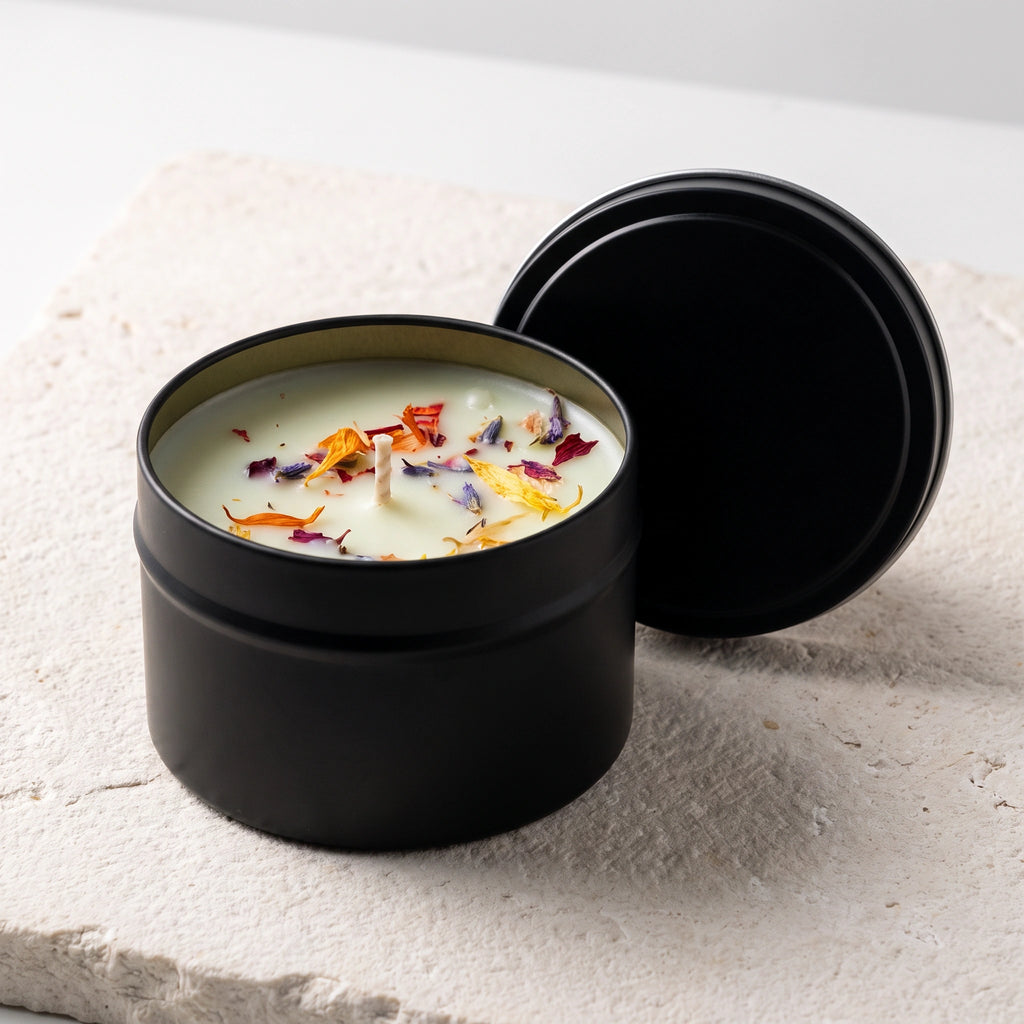 Duftkerze mit Trockenblumen – schwarze Metalldose, 3,5 oz