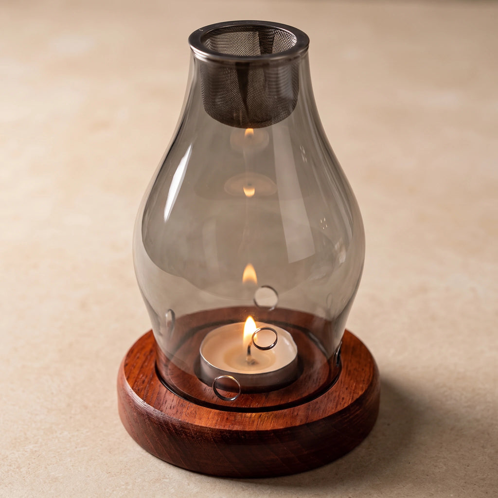Gros plan du verre fumé et de la base en bois du brûle-parfum