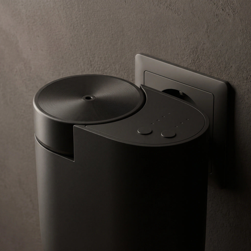 Gros plan sur le diffuseur mural noir et ses commandes